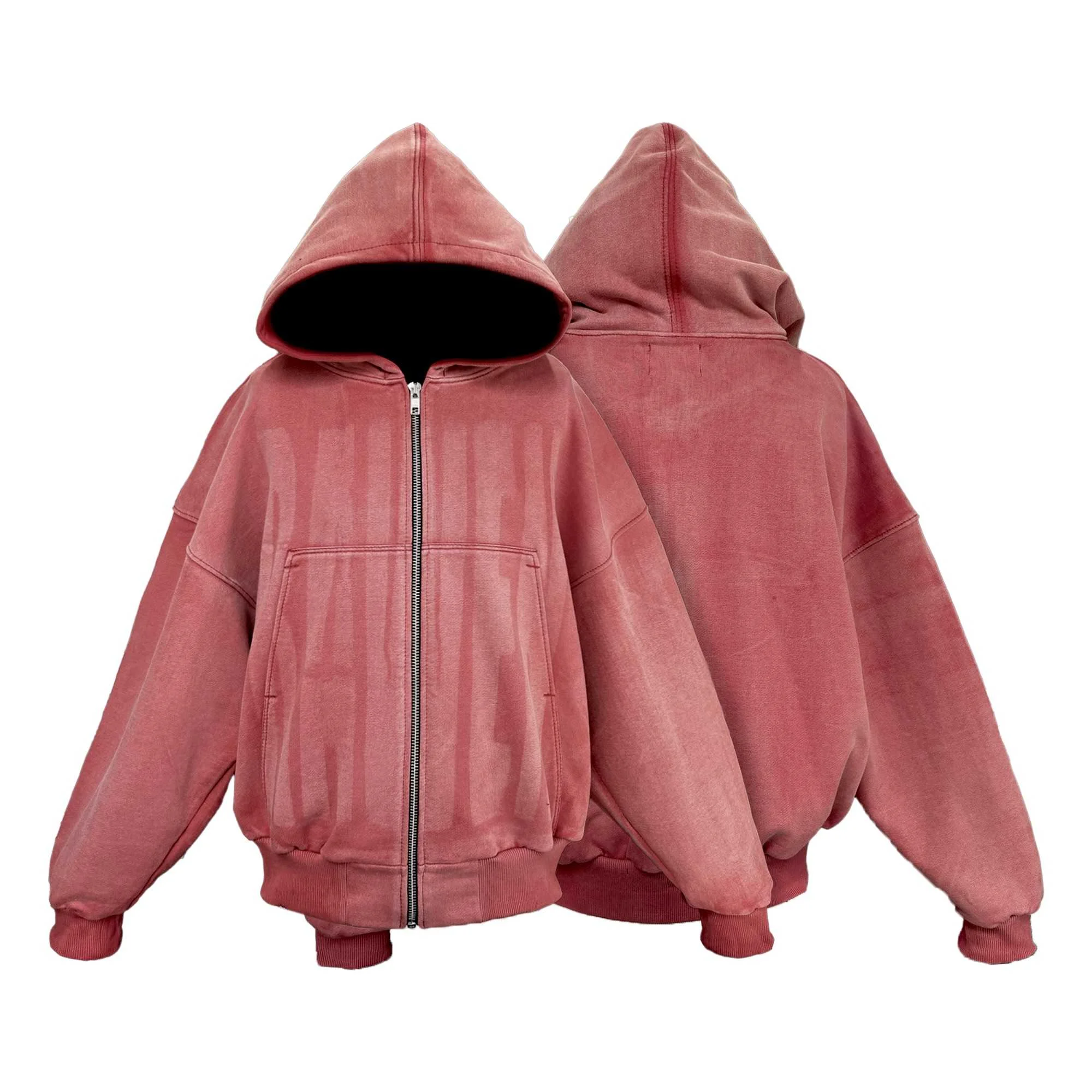 Zip Hoodie "RAWEN" Off Dye Treatment Pollen Red